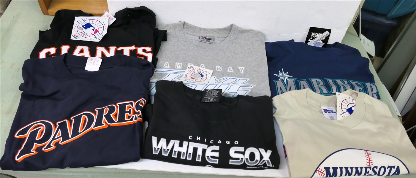 6 Baseball T - Shirts - New Old Stock - Mariners, X-Large, Minnesota Twins XL, White Sox - XL, Devil Rays XL, Giants XL, and Padres XXL