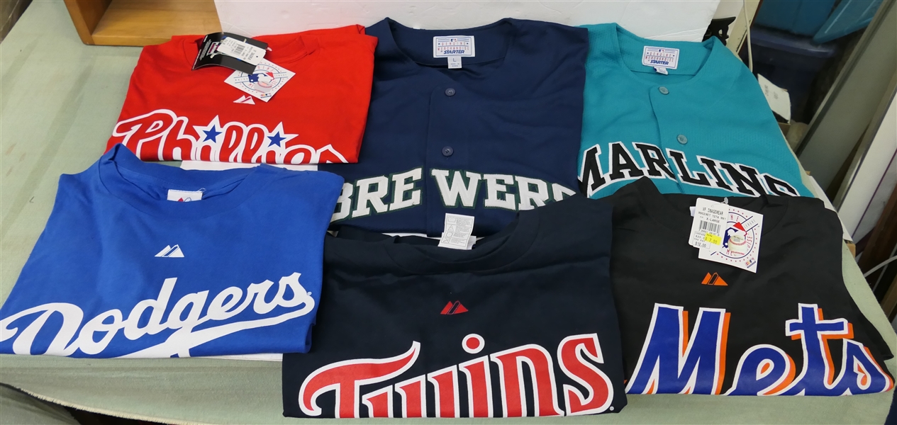 6 Baseball - Shirts - New Old Stock - Mets XL, Twins XL, Dodgers XL, Phillies XL, Brewers Jersey - Large, and Marlins Jersey - Large