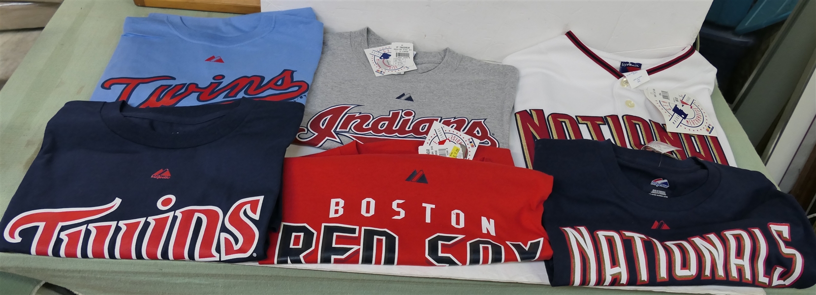 6 Baseball Shirts - New Old Stock - Nationals Jersey Size 2XL, Nationals XL, Indians XL, Red Sox XL, Twins XL, and Twins XL