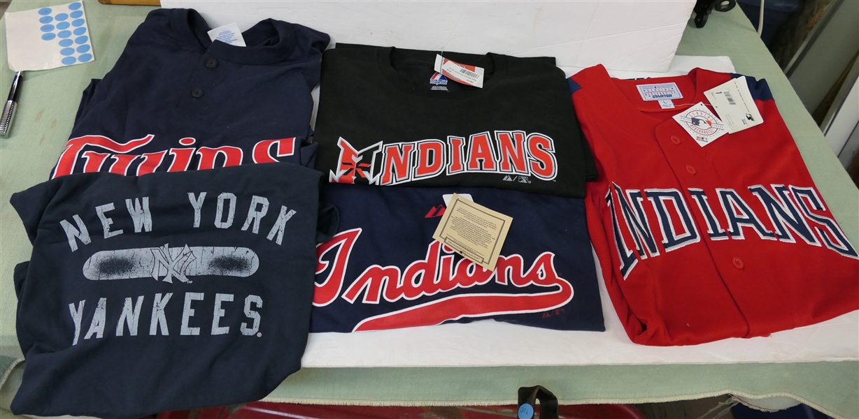 5 T - Shirts and Jersey - New Old Stock - Indians Jersey - Size Large, Indians Size XL, Yankees Size XL,  and Indians Size 2XL