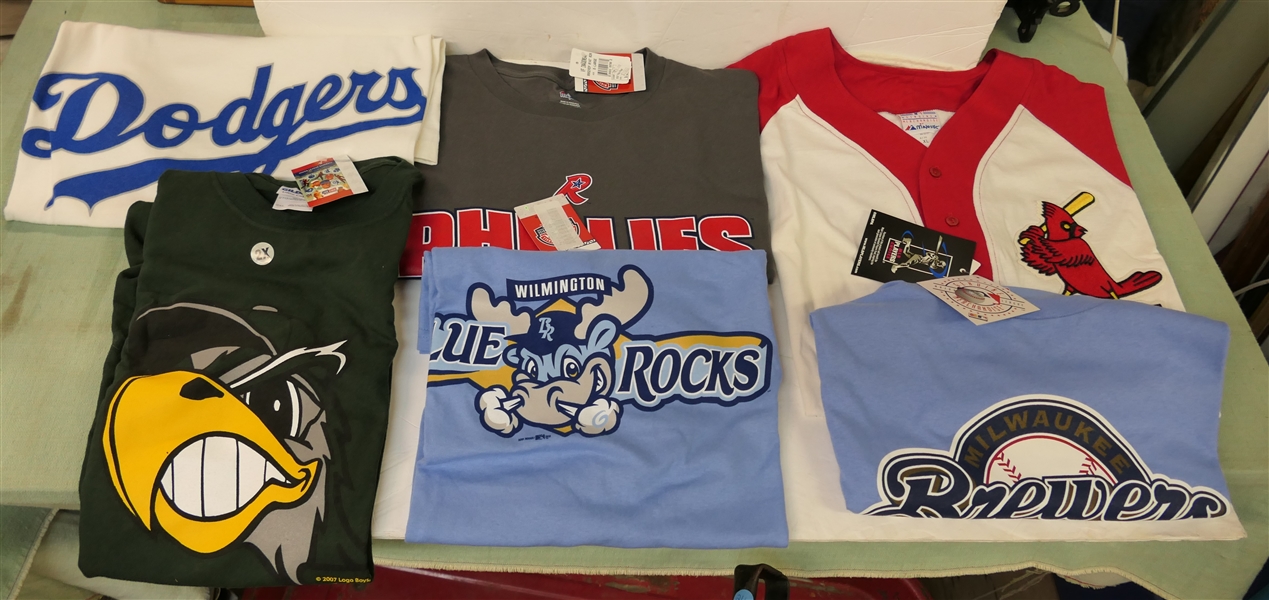 6 New Old Stock Baseball T Shirts - Dodgers XL, Green 2XL, Cardinals Baseball Shirt XL, Brewers XL, Phillies XL, and Wilmington XL 