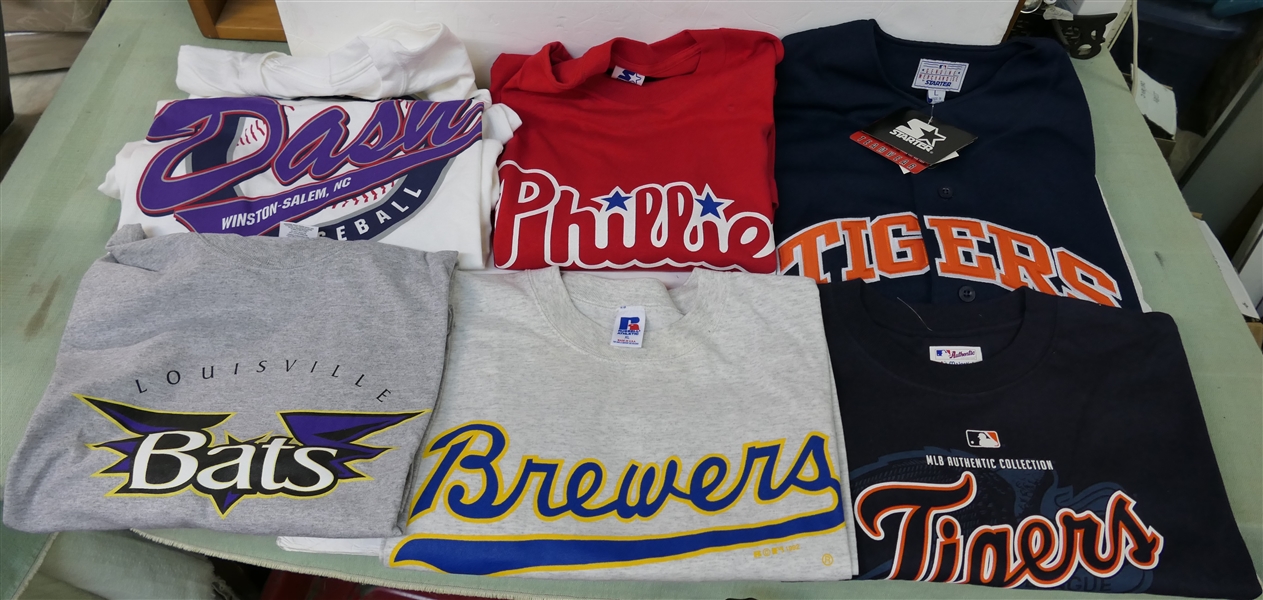 6 New Old Stock Baseball Shirts - Dash 2XL, Bats XL, Tigers Jersey Size Large, Phillies Size XL, Brewers XL, and Tigers XL