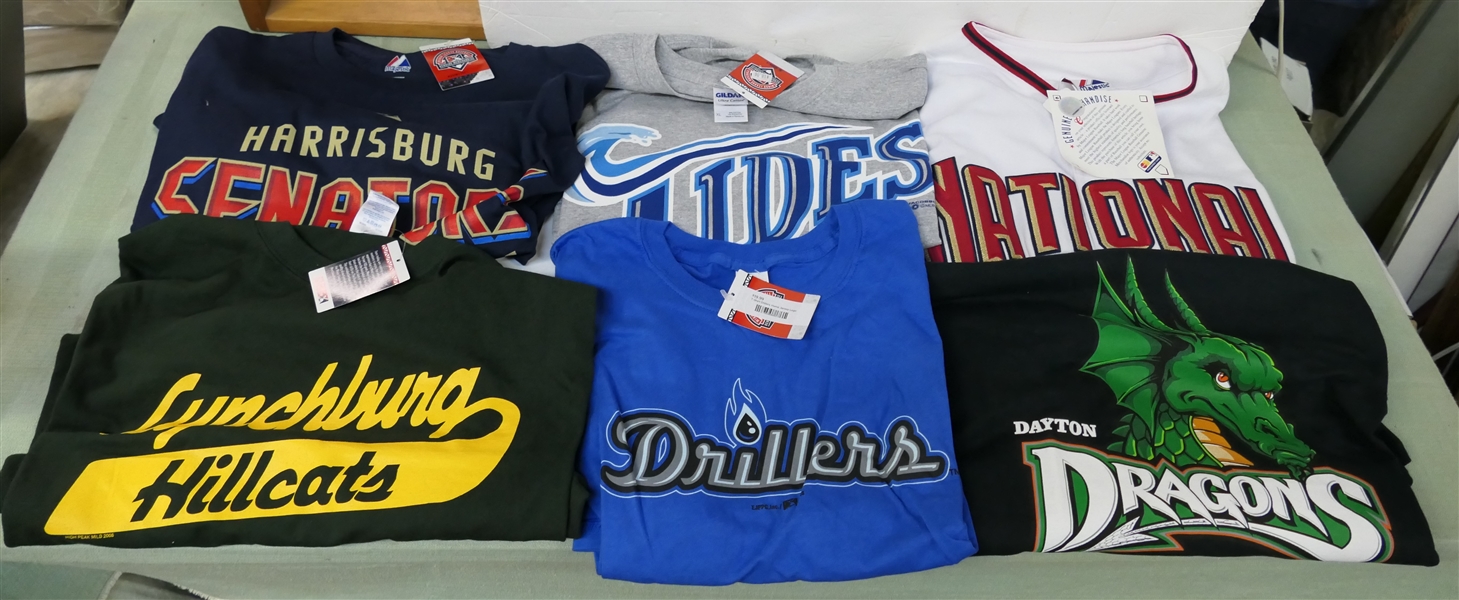 6 New Old Stock Baseball Shirts - Senators XL, Hillcats 2XL, Tides XL, Drillers Axl, Dragons XL, Nationals Jersey Size XXL