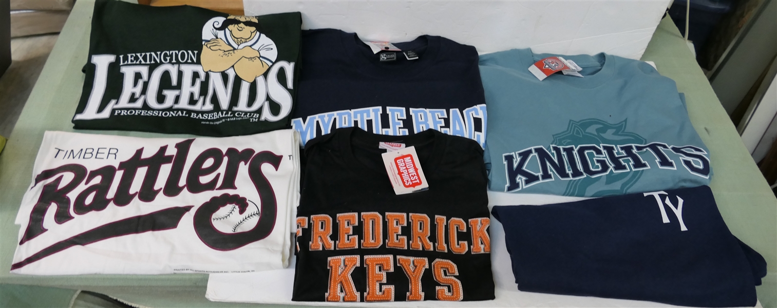 6 New Old Stock Baseball Shirts - Lexington XL, Knights, XL, TY 2XL, Timber Rattlers XL, Frederick Keys XL, and Myrtle Beach XXL