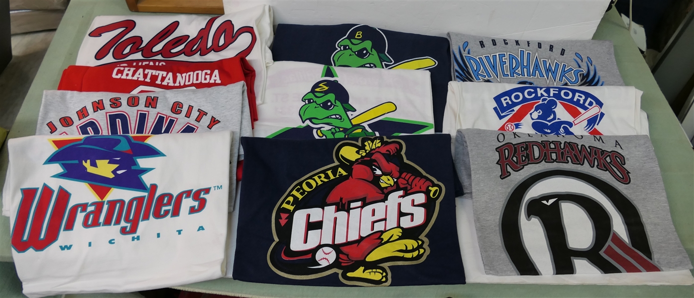 10 New Old Stock T Shirts - Mud Hens Large, Cardinals XL, LookOuts XL, Wranglers XL, Snappers XL, Riverhawks XL, and Rest Size Extra Large