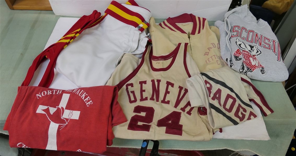 Lot of Vintage Milwaukee Badgers Uniforms and Clothes - Sweatshirt, Badger Letterman Club Jacket, 2 Badger Sleeveless Jerseys, Socks, and Baseball Pants