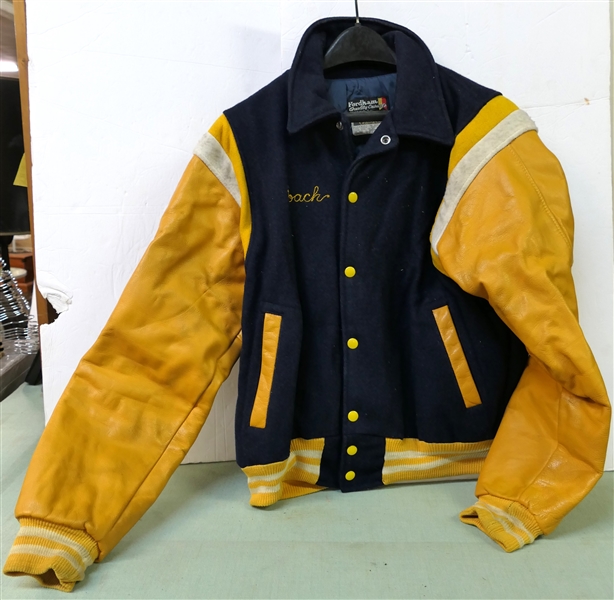 Fordham Quality Casuals Letterman Jacket - Navy Blue with Yellow Sleeves - Coach Embroidered on Front 