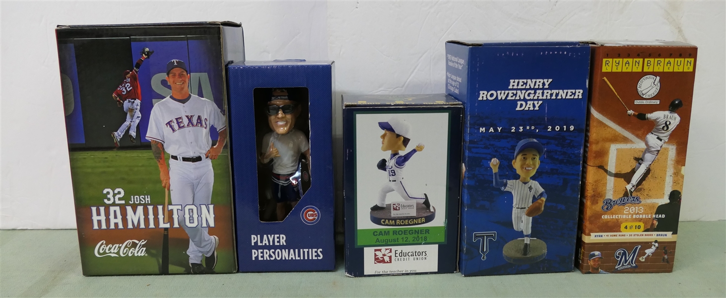 5 Baseball Bobble Heads -  Texas Rangers, Cubs, Snappy, Henry Rowengartner Day, and Brewers