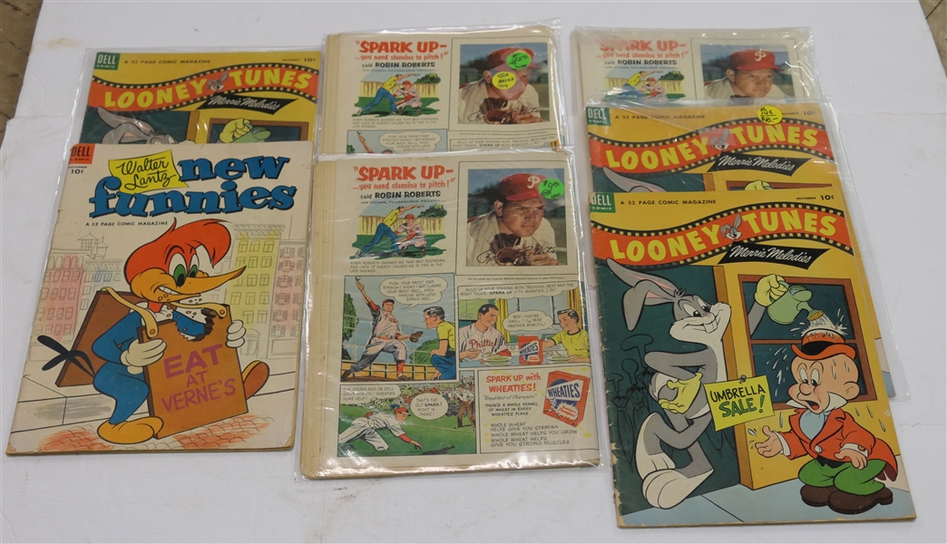 Collection of 1953 Comic Books with Robin Roberts Wheaties Ads - Walt Disney #14, Gene Autry #80, Red Ryder #123, New Funnies #201, and Looney Tunes #145