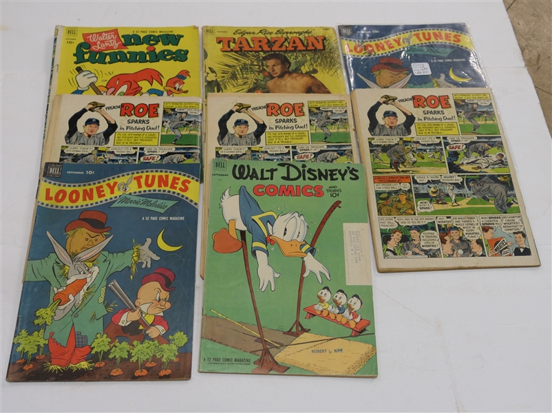 Collection of 1952 Comic Books with Preacher Roe Wheaties Ads - New Funnies #187, Looney Tunes #131, Gene Autry #67, Tarzan #36, Roy Rogers #57, and Donald Duck #12