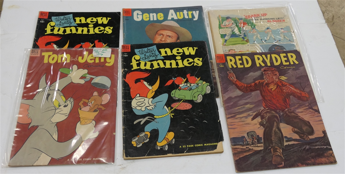 Collection of 1954 Comic Books with Al Rosen Wheaties Ads - New Funnies #209, Tom & Jerry #120, Gene Autry #87, New  Funnies #121 and Red Ryder #130