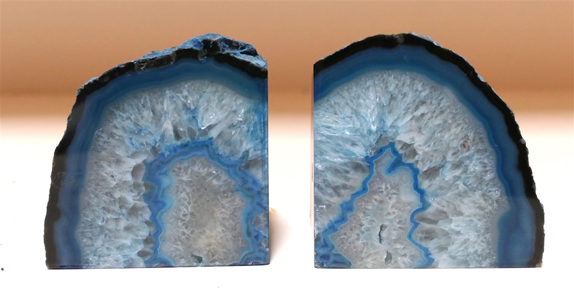 Pair of Blue Stone / Geode Bookends - Each Measures 4 3/4" Tall 3 1/2" Wide