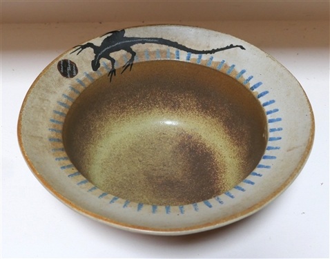Handmade Studio Art Pottery Bowl with Lizard - Stamped Stoneware  - Bowl Measures 5 1/4 Tall 13 Across