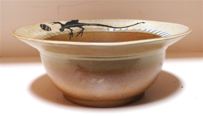 Handmade Studio Art Pottery Bowl with Lizard - Stamped Stoneware  - Bowl Measures 5 1/4 Tall 13 Across