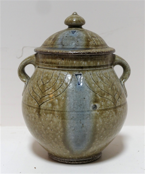 Mark Hewitt North Carolina Art Pottery Urn with Lid - Marked 77 - Decorated with Incised Wavy Lines and Triangles - Measures 8 1/2" Tall 7" Handle to Handle