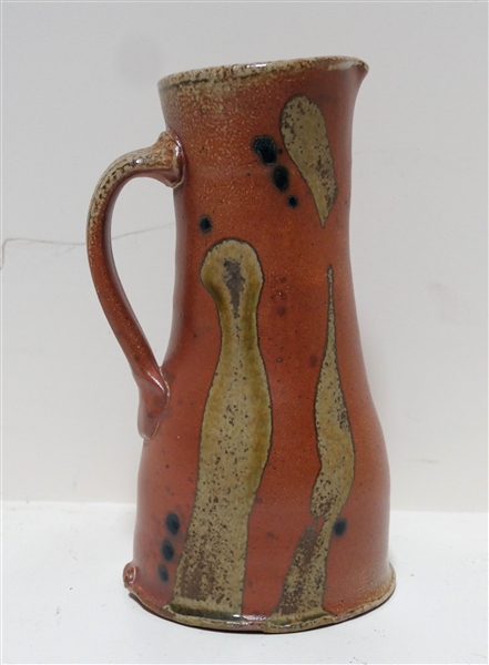 Handmade Studio Art Pottery Pitcher with Orange Glaze- Stamped with "D" - Pitcher Measures 9 3/4" Tall 