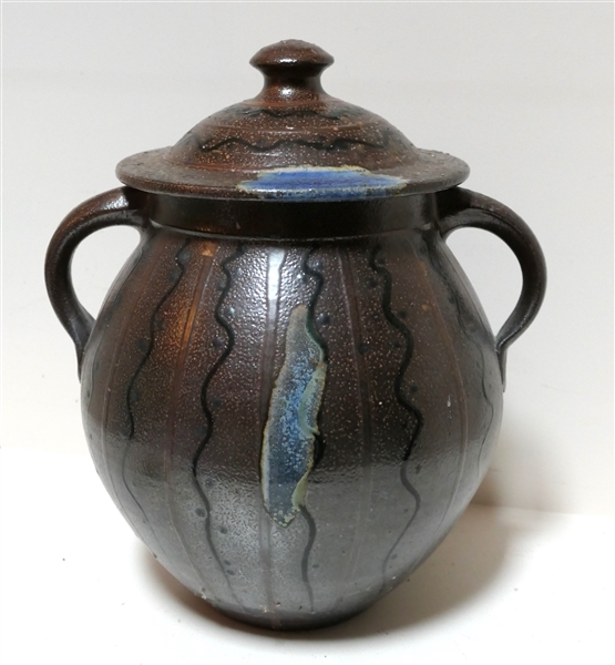 Large Mark Hewitt - North Carolina Art Pottery - Double Handled Urn with Lid - Stamped WMH - Decorated with Blue Glaze, Wavy Lines, and Dots -Urn Measures 14" tall 12" across