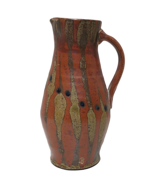 Studio Art Pottery Pitcher with Orange Glaze -Artist Stamped on Side Measures 10 1/4" Tall 