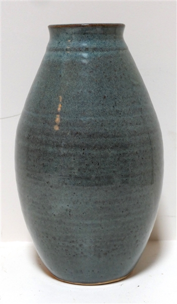 Heavy Studio Art Pottery Vase with Pretty Blue Glaze - Artist Stamped on Bottom - Measures 10 1/2" Tall 