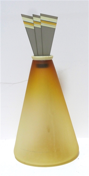 Beautiful Ruth Thiesen 89 - Artist Signed Art Glass Decanter - Yellow Satin Glass Body with Brown, Cream, and Yellow Stopper - Measures 13" tall with Stopper 