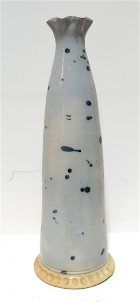 Unusual Large Mark Hewitt North Carolina Art Pottery Vase with Light Gray Glaze and Blue Dots - Stamped and Dated 1999 on Bottom - Vase Measures 18 1/4" Tall