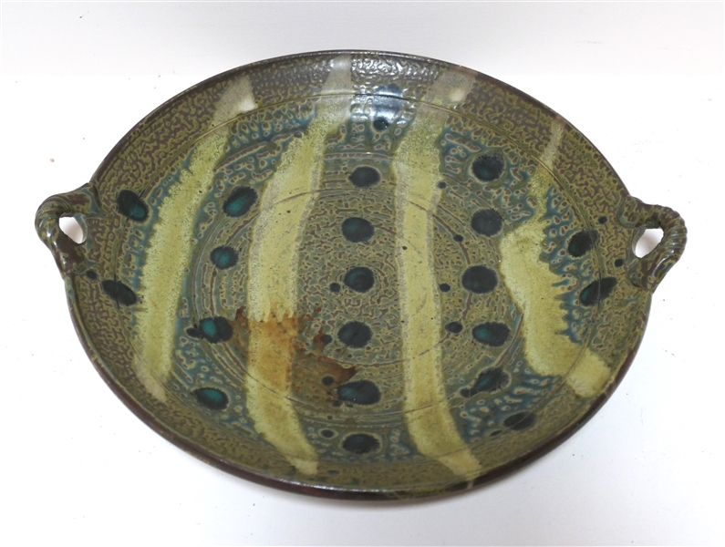 Studio Art Pottery Double Handled Low Bowl - Blue and Green Glaze Decoration - Artist Stamp on Bottom - Measures 15" Handle to Handle 13" Across