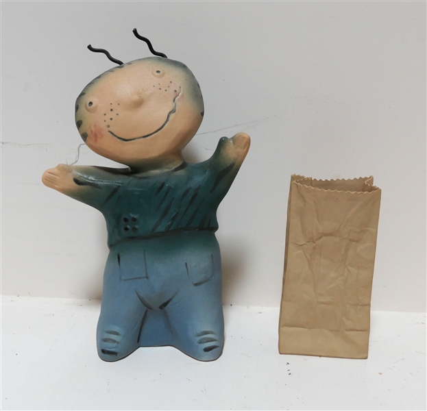 J.Brumans Art Pottery Child Sculpture and Very Realistic "Harvey Craft" Art Pottery Paper Bag - Sculpture Measures 10" tall 