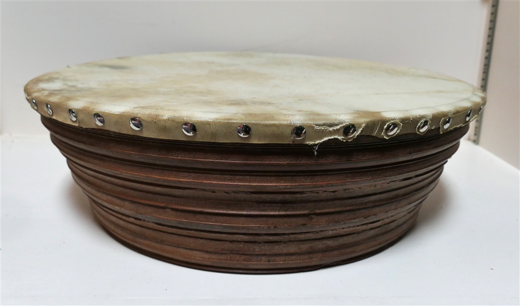 Hand Turned Wood and Hide Drum with Nail head Trim - Measures 20" Across 6" Tall 