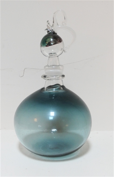 Artist Signed Burton 1970 - Hand Blown Art Glass Decanter with Stopper - Signed on Bottom - Stopper Has Some Damage - See Photos - Measures 12" tall 6" Across