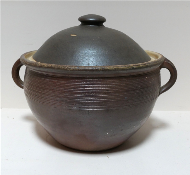 Large Double Handled Art Pottery Vessel with Lid - Incised Rings on Body and Handles - Measures 11" tall 15" Handle to Handle