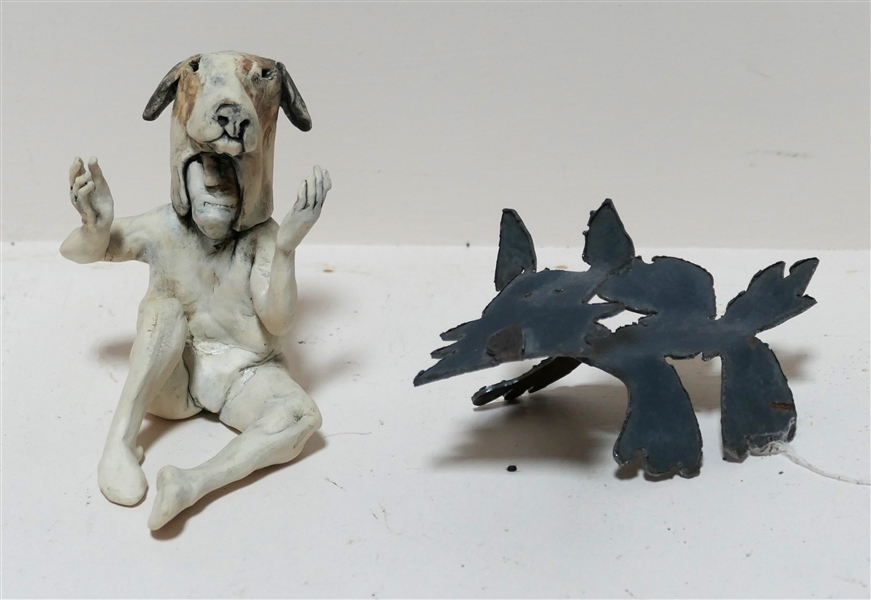 2 Dog Figures - Handmade Metal Art Dog Signed "1978 Dodge Truck" Katz 02 and Art Pottery Figure with Dog Mask - Measuring 3 3/4" Tall 