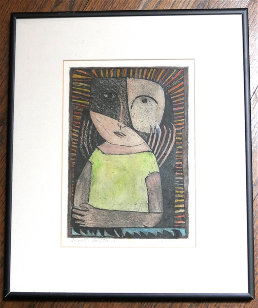 "Nefertitis Daughter" Wood Block Print by Mendell, 2009 - Framed and Matted - Frame Measures 13" by 11" 