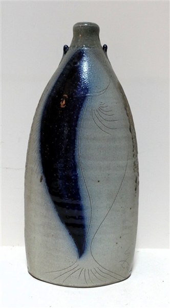 Nice Heavy Studio Art Pottery Vase Dated 96 - Incised Fish with Blue Glaze Details - Measures 16 1/2" Tall 9" Wide