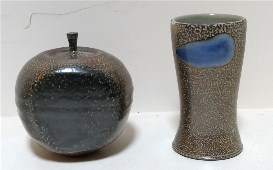 2 Pieces of Mark Hewitt North Carolina Art Pottery - Vase with Blue Glaze and Lidded Jar - Vase Measures 6 1/2" tall Lidded Vessel Measures 5"  Tall 5 1/2" Across - Vase Has Some Small Areas of...