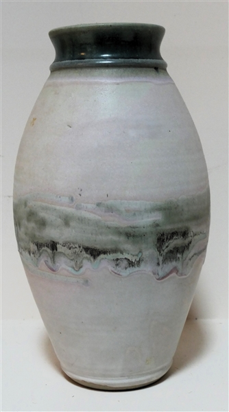 Dirt Works 1995 Art Pottery Vase - Blue, Green, and Pink Glaze - Signed by Artist On Bottom - Measures 13 1/2" Tall 