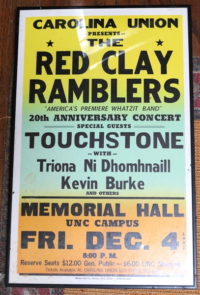 Carolina Union Presents The Red Clay Ramblers - Memorial Hall UNC Campus - Framed Concert Poster - Fri. Dec. 4 - 1992 - Frame Measures 22 1/8" by 14 1/8" 