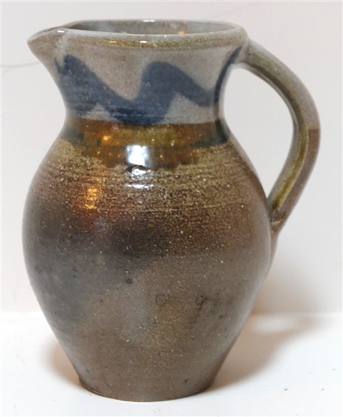 Mark Hewitt North Carolina Art Pottery Pitcher - Signed WMH "M" - Blue Decoration with Incised Rings - Pitcher Measures 7 1/2" Tall 