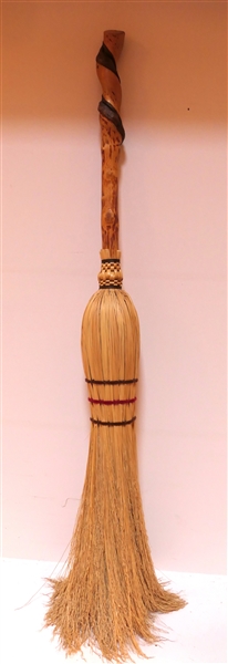 Handmade Wood and Straw Broom - Natural Twisted Wood Handle - Measures 47 1/2" Long