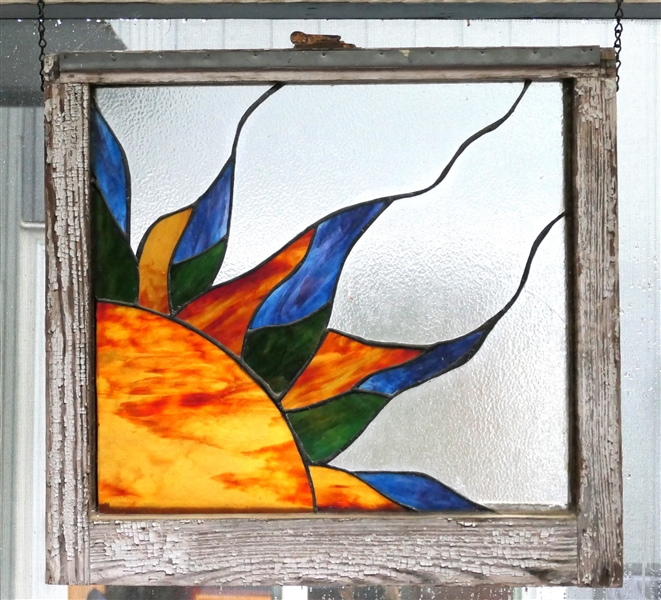 Leaded Glass Sun Window - Orange, Blue, and Green - Framed - Frame Measures 22" by 23" - One Clear Panel is Cracked 