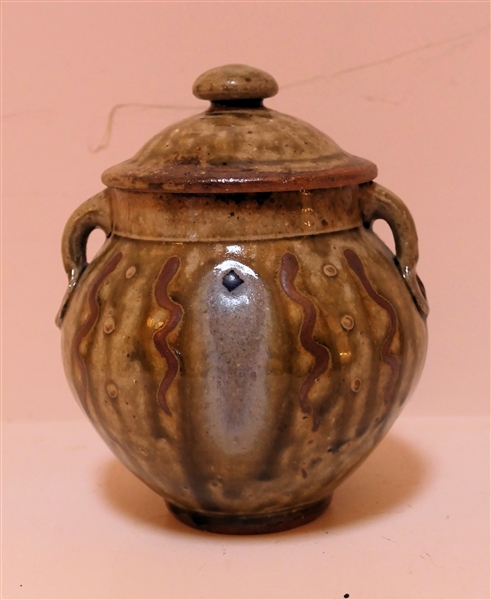 Mark Hewitt North Carolina Pottery Double Handled Jar with Lid - Incised Diamonds and Wavy Lines - Stamped WMH "B" - Measures 7" Tall 6" Across