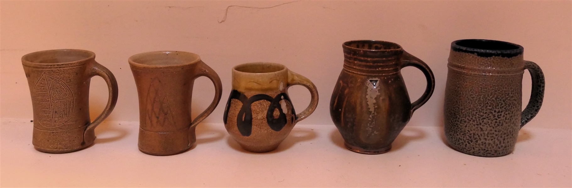 5 North Carolina Art Pottery Mugs -4  Mark Hewitt, 2 with Incised Leaves Signed WMH, 2 With Hewitt Mark, and Other Ben Owen 1997 - Owen Measures 4 1/2" Tall 