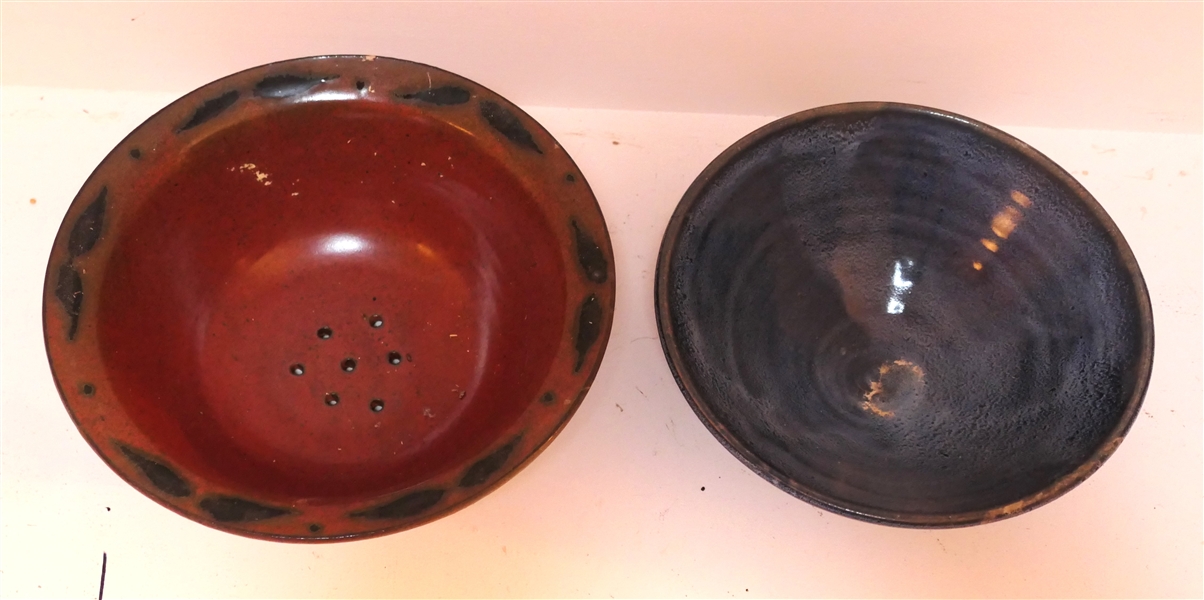 2 Pieces of Studio Art Pottery - Strainer Bowl by Barbara Higgins and Artist Signed Blue Bowl with Incised Decoration Measuring 3" tall 8" Across