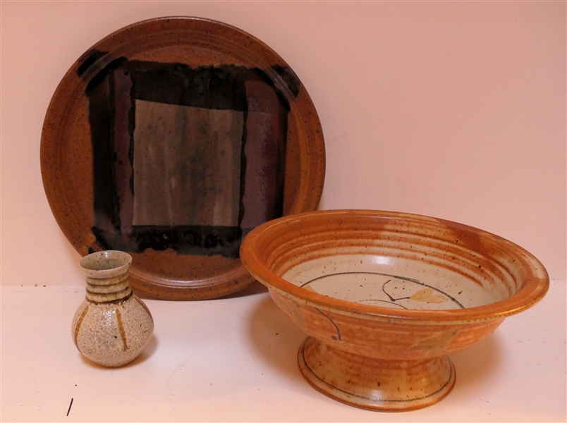 3 Pieces of Studio Art Pottery - Small Mark Hewitt Vase WMH "D", Footed Bowl, and Artist Signed Platter Dated 1978 - Measuring 12 1/4" Across - Hewitt Vase Measures 4" tall - Has Some Minor Chips...