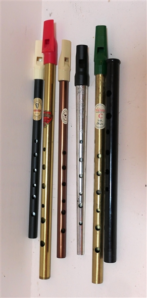 6 Wind Instruments  - Generation British Made "Bb" Whistle, Waltons "C" Irish Whistle, Guinness Extra Stout Whistle, Pocket Companion, and 2 Others