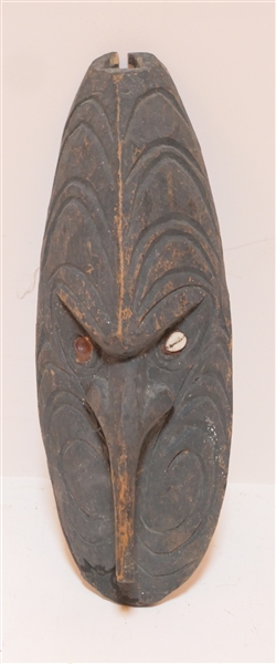 Hand Carved Wooden Tribal Mask with Puka Shell Eye - Missing 1 Eye - Mask Measures 13" by 4 1/2" 