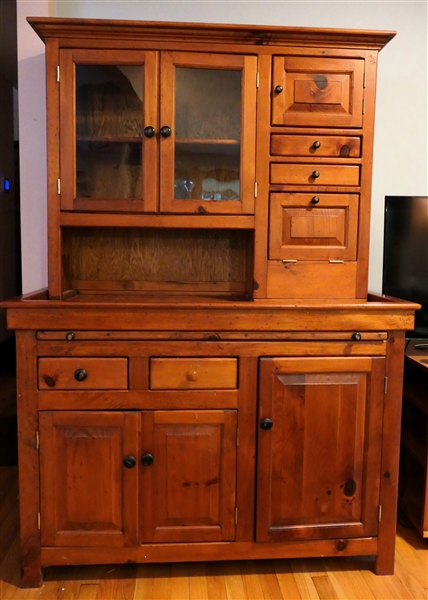 Pine Offset Cupboard with Paneled and Glass Doors - Paneled Drawers - Pull Out Dough Tray - Measures 72" Tall 50" by 24" 