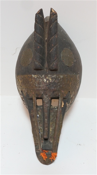 Hand Carved Wooden Tribal Mask with Hammered Brass Accents - Hand Carved Horns - Mask Measures 13" Long 6 1/4" Across