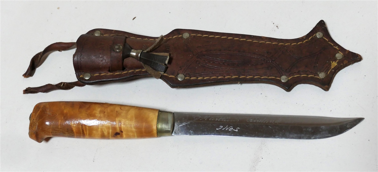 Handmade in Finland Knife with Hand Tooled Leather Sheath - Knife Measures 10" Long