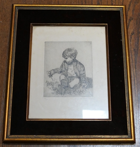 Gunnar Anderson Artist Signed and Numbered 7/88 Etching - Framed in Nice Velvet Frame - Measuring 14 1/2" by 12 1/2"