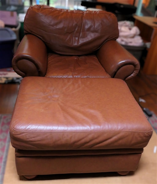 Very Comfy "This End Up" Brown Leather Arm Chair with Ottoman - Chair Measures 32" tall 40" by 32" - Ottoman Measures 17" tall 32" by 23"  